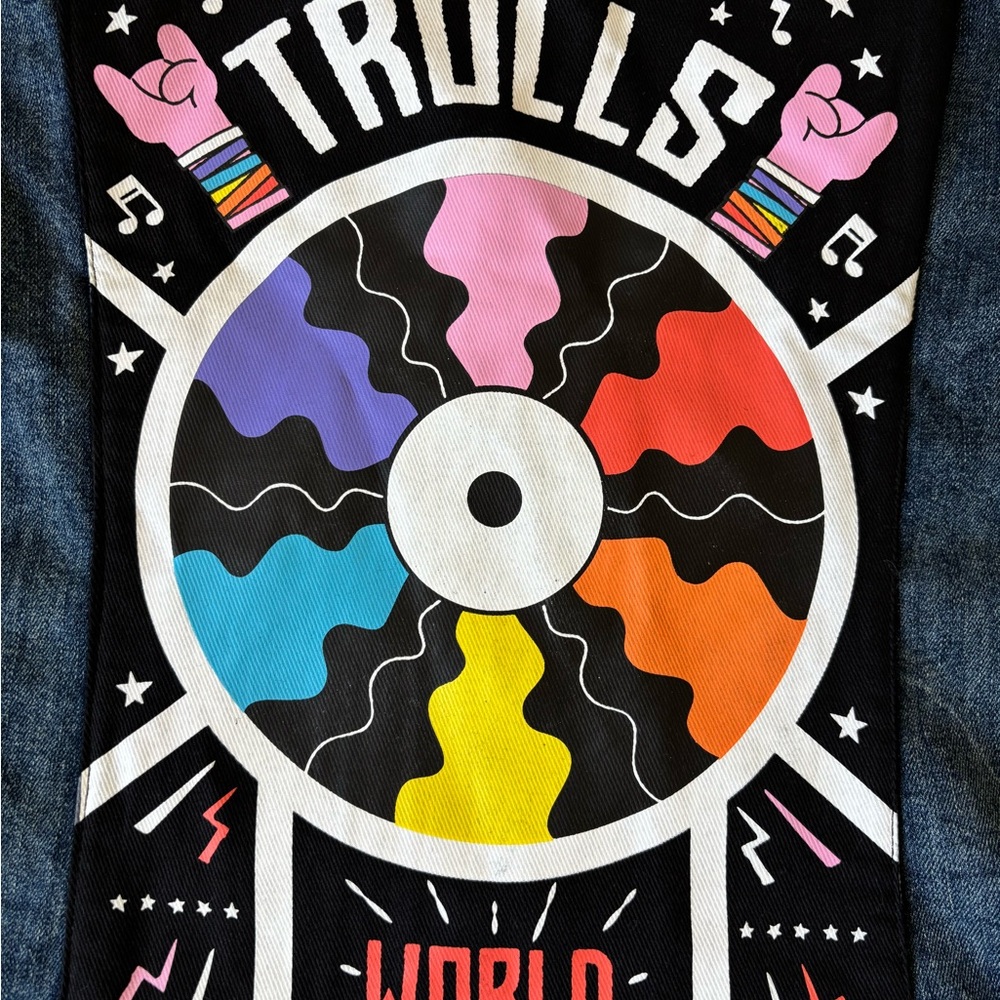Trolls World Tour Denim Jacket Women’s Medium Y2K Rainbow Patch Streetwear